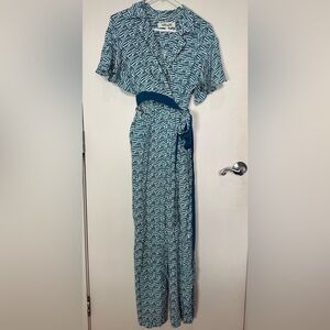 Diane Von Furstenberg Teal and White Patterned Jumpsuit
